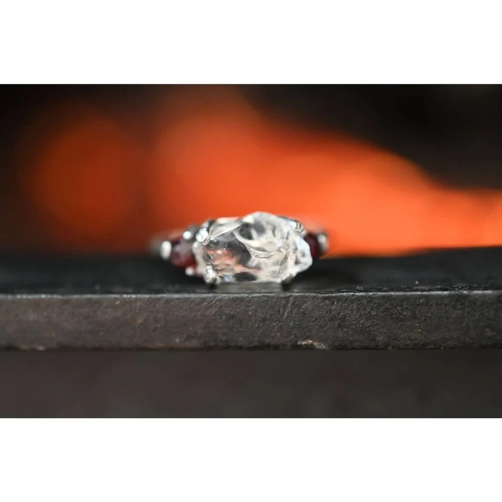 3 Stone Raw Diamond and Garnet Handmade Engagement Ring Rough Natural - Picture 4 of 8
